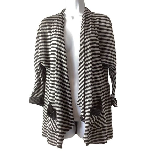 Anthropologie PEOPLE LIKE FRANK M Waterfall Open Cardigan Top Black Gray Stripe - Picture 1 of 4